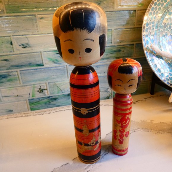 Vintage Kokeshi Wooden Hand Painted Japanese Dolls-Set of 2 - Picture 2 of 12